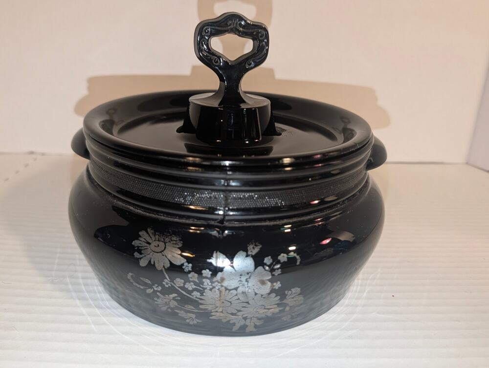 Vtg L.E. Smith Black Amethyst Glass Covered Casserole Silver Floral Serving Bowl